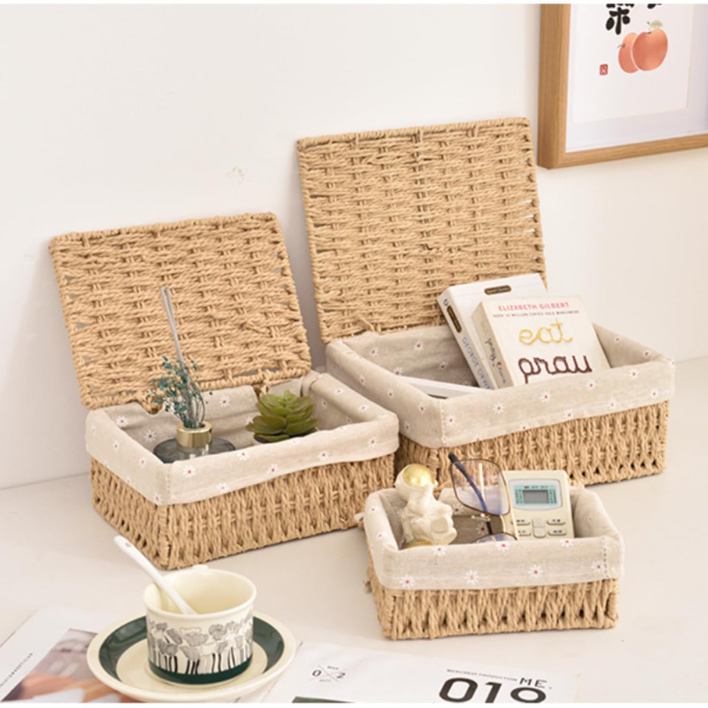 Storage Baskets with Lids, Set of 3 Wicker Baskets with Lids, Khaki Paper Rope Woven Storage Boxes with Removable Liners, Stackable Shelf Bins for Bathroom, Closet, Nursery