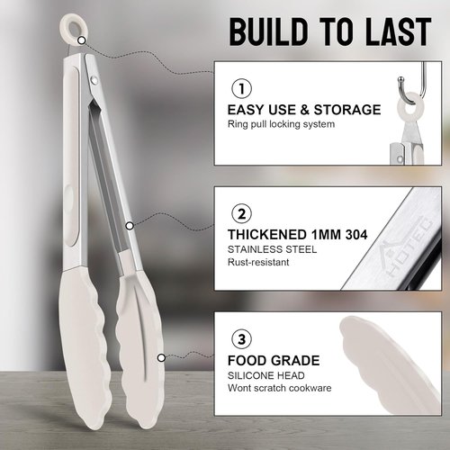 HOTEC Premium Stainless Steel Kitchen Tongs - Locking Design with Silicone Tips, Set of 2 (9" & 12")