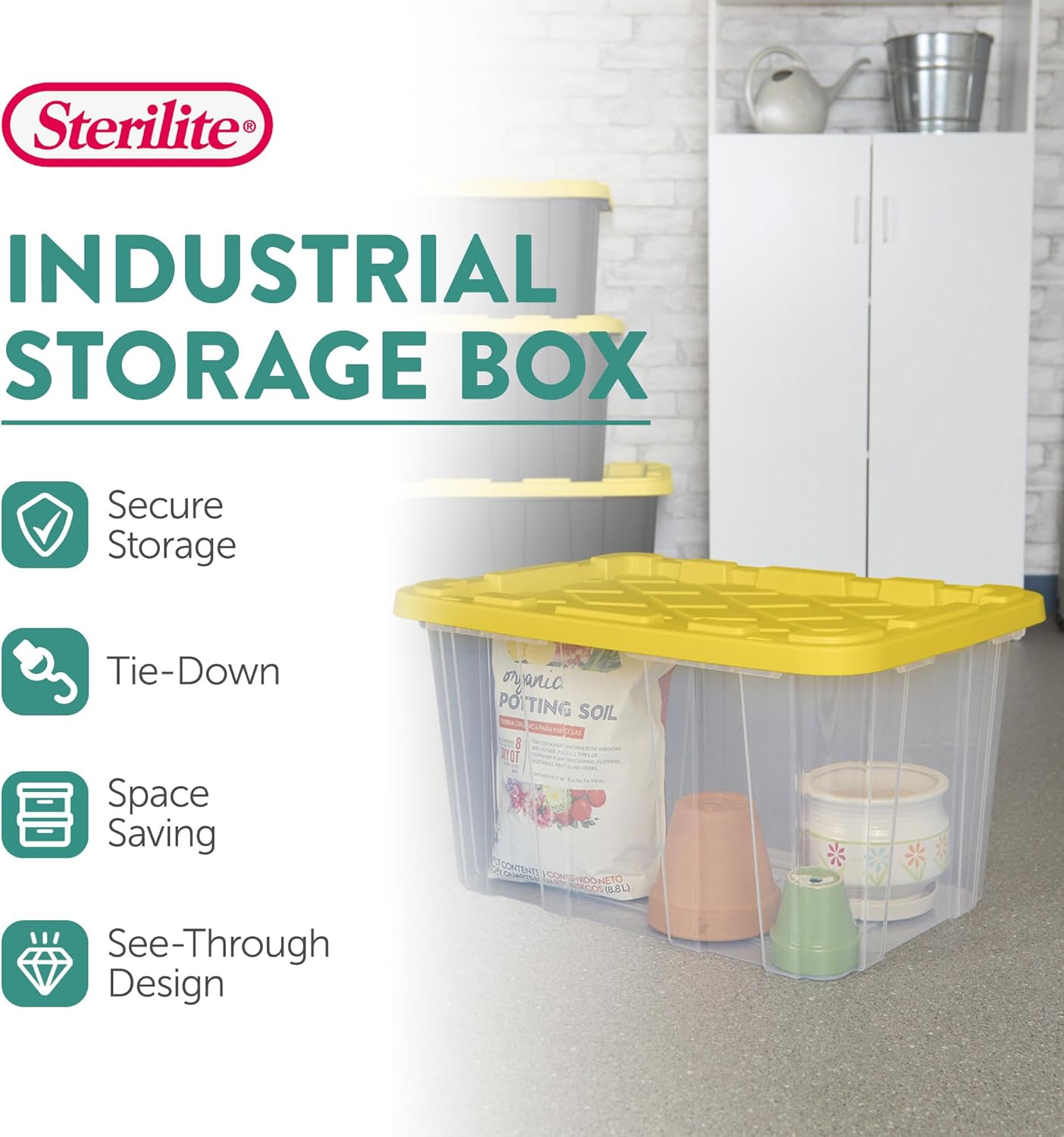 Sterilite 27 Gallon Industrial Tote - 8-Pack Clear Plastic Storage Bins with Yellow Lids for Heavy-Duty Organization