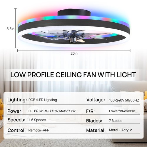 ORITHAM RGB Ceiling Fans with Lights, 20" Fandelier Low Profile Ceiling Fan with Light, Modern Flush Mount Ceiling Fan Light with Remote/APP Control, Bedroom Chandelier Fan Fixture for Indoor(Black)