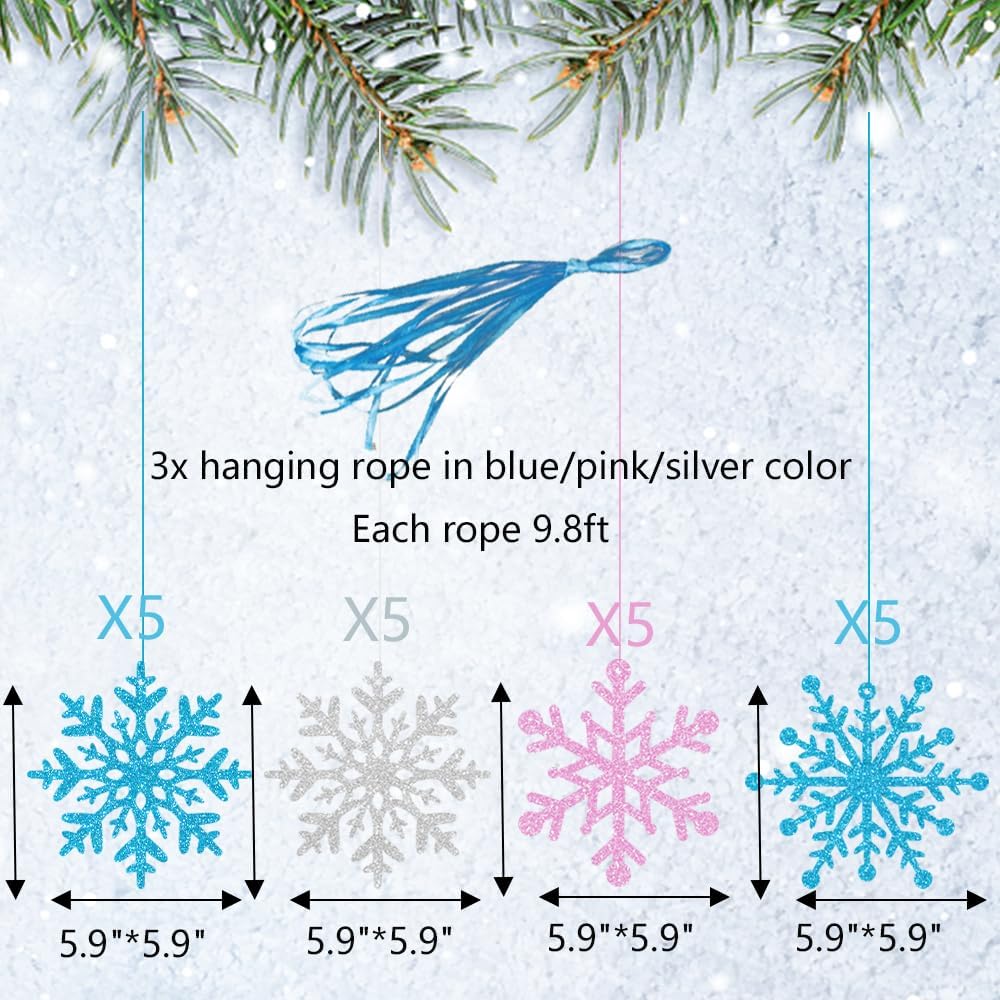 Skiennix Winter Snowflake Hanging Ornaments - Sparkly Ceiling Streamers for Holiday Decor | Glitter Pink, Blue, Silver