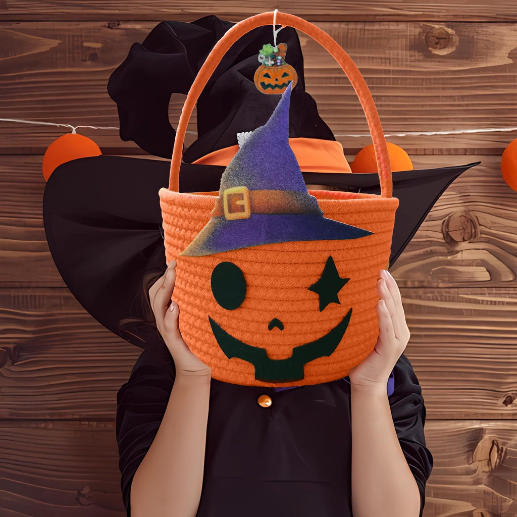 Halloween Pumpkin Basket for Kids, Woven Rope Candy Basket, Halloween Decorations, Small Woven Rope Basket bins, Orange