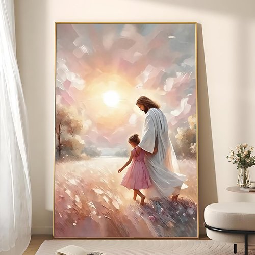 Jesus and Children Canvas Art Print - Soft Pink Sunset Wall Decor for Nursery & Living Room | 16x24 in