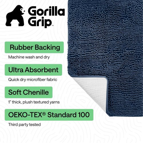 GORILLA GRIP Bath Rug Mat - Soft Absorbent Chenille | Quick-Dry Microfiber, 48x17, Navy