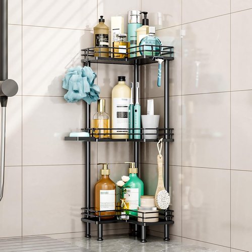HapiRm Corner Shower Caddy - 3-Tier Rustproof Bathroom Organizer with Soap Holder & 4 Hooks, Black