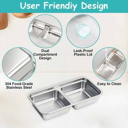 BSTUR 6Pcs 304 Stainless Steel Snack Containers, 2 Compartments Portable Food Storage Bento Boxes with Lids, Divided Meal Prep Lunch Box Food Container Dishwasher Safe