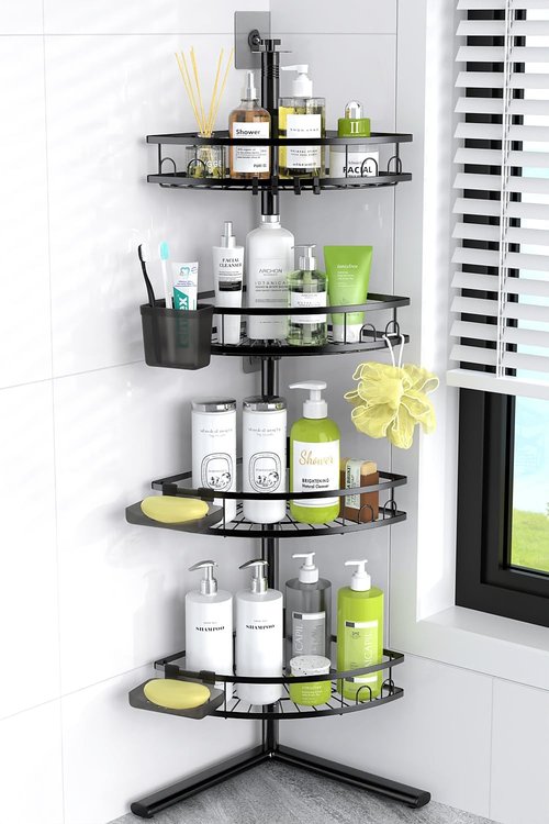 Aitatty Corner Shower Caddy - 4-Tier Rustproof Organizer Shelf for Bathroom | Black Floor Stand
