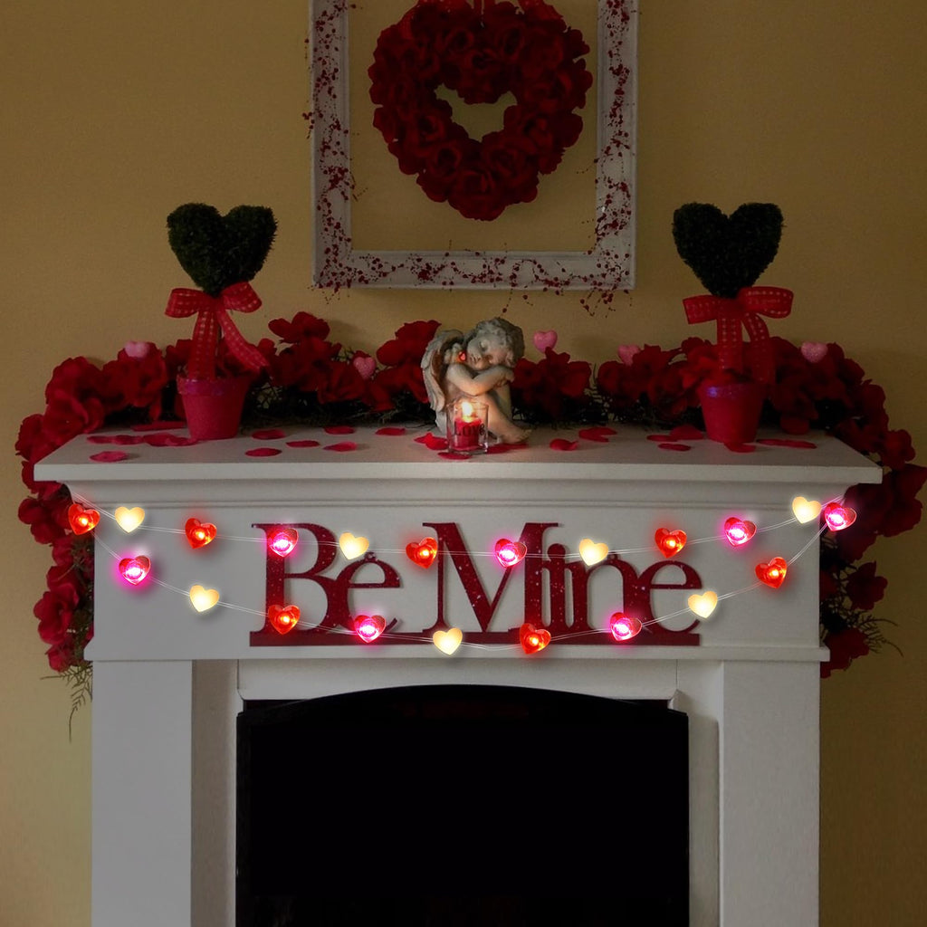 Valentines Day Decor 10FT 30 LED Valentines Decorations Red Pink White Heart String Lights Battery Operated, 8 Light Modes Valentines Day Lights Fairy Light Romantic Valentine's Decor Home Table Party