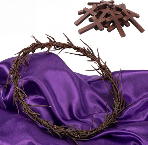 Geelin Easter Crown of Thorns Set - 13 Pcs Mini Wooden Cross & Thorn Wreath | 8'' Christian Decor for Home & Church