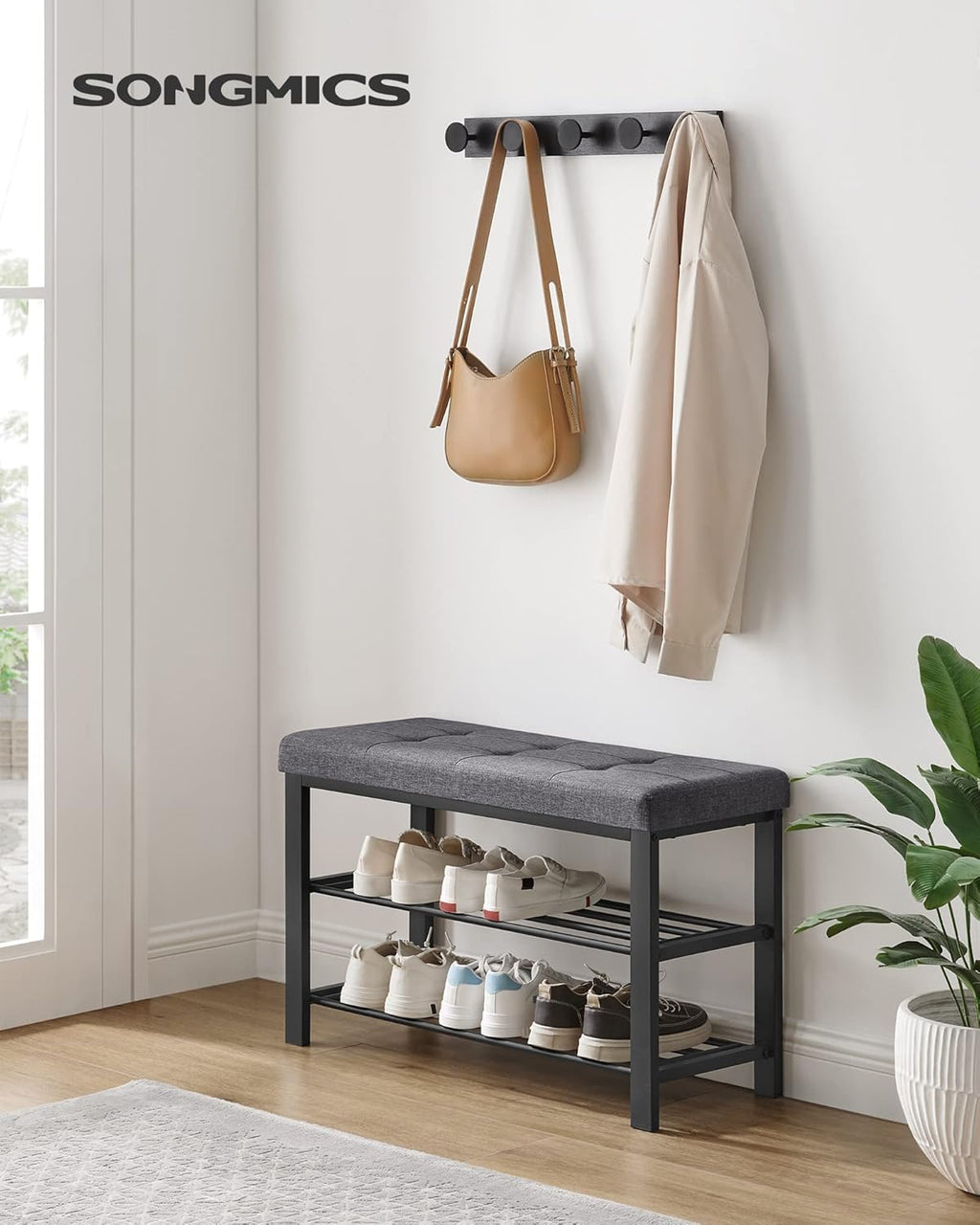 SONGMICS Shoe Bench - Modern Storage Solution with Cushion | Space-Saving Design in Dark Gray and Ink Black