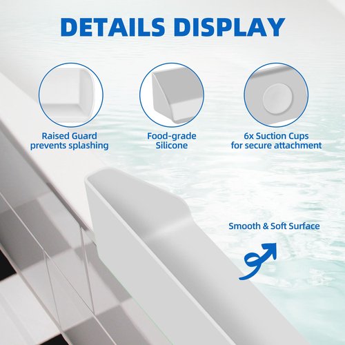 Resseor Splash Guard for Bathtub, 3.8" x 3.6" Silicone Bath Tub Splash Guard with 6 Suction Cups, Bathtub SplashGuard Play Shelf Area for Kids with 3°Drainage Slope for Faster Drying - White