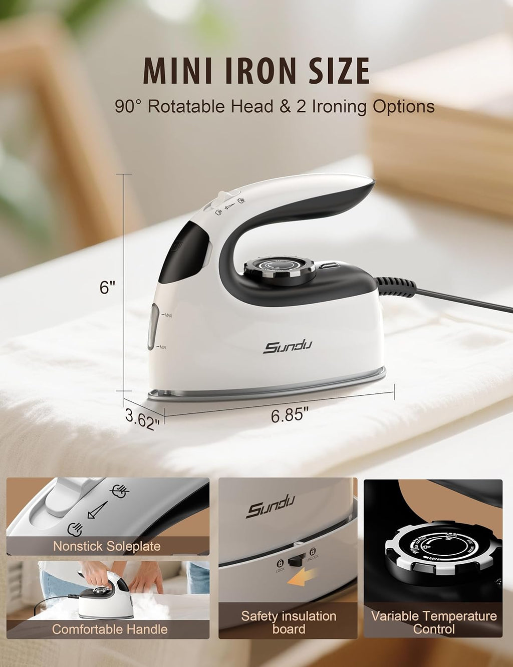 Sundu Mini Travel Iron - 1000W Portable Steam Iron with Non-Stick Soleplate | 90ml Water Tank, Digital Control