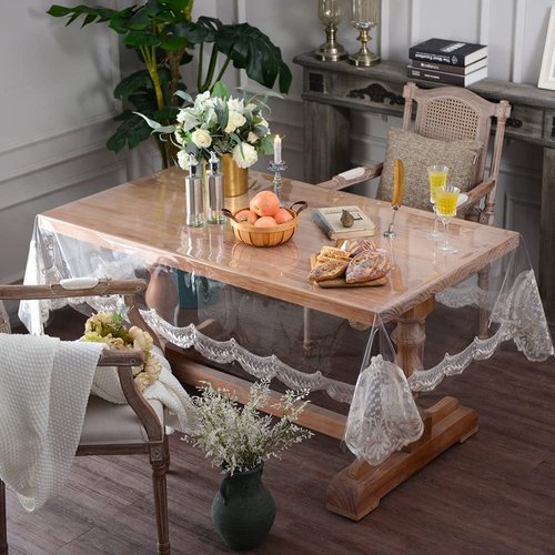ARTABLE Vinyl PVC Rectangle Tablecloth Waterproof Clear Table Cover with Champagne Lace Macrame Border for Wedding Kitchen Home Outdoor Indoor Holidays Party Decor (Stone, 60 x 120 Inch)