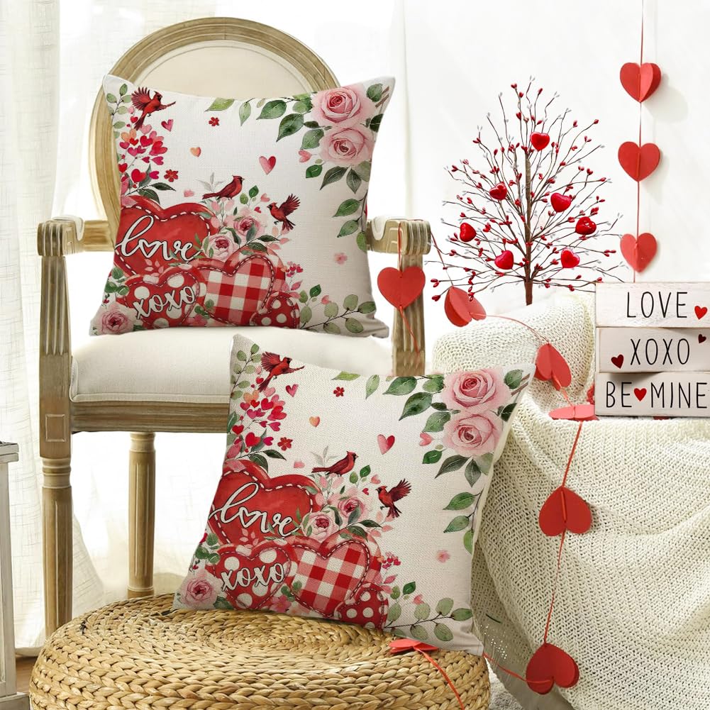 RABUSOFA Valentines Love Heart Pillow Covers 18x18 Inch Set of 2, Pink Rose Red White Outdoor Romantic Holiday Party Cushion Cases Valentine Decoration for The Home Sofa Indoor (Red, 18" x 18")