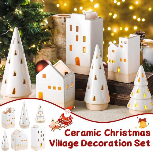Beeveer Christmas Ceramic Buildings Decoration Set - 6 Pcs Tealight Candle Holders | 4.4" to 9.4" Winter Village Centerpiece