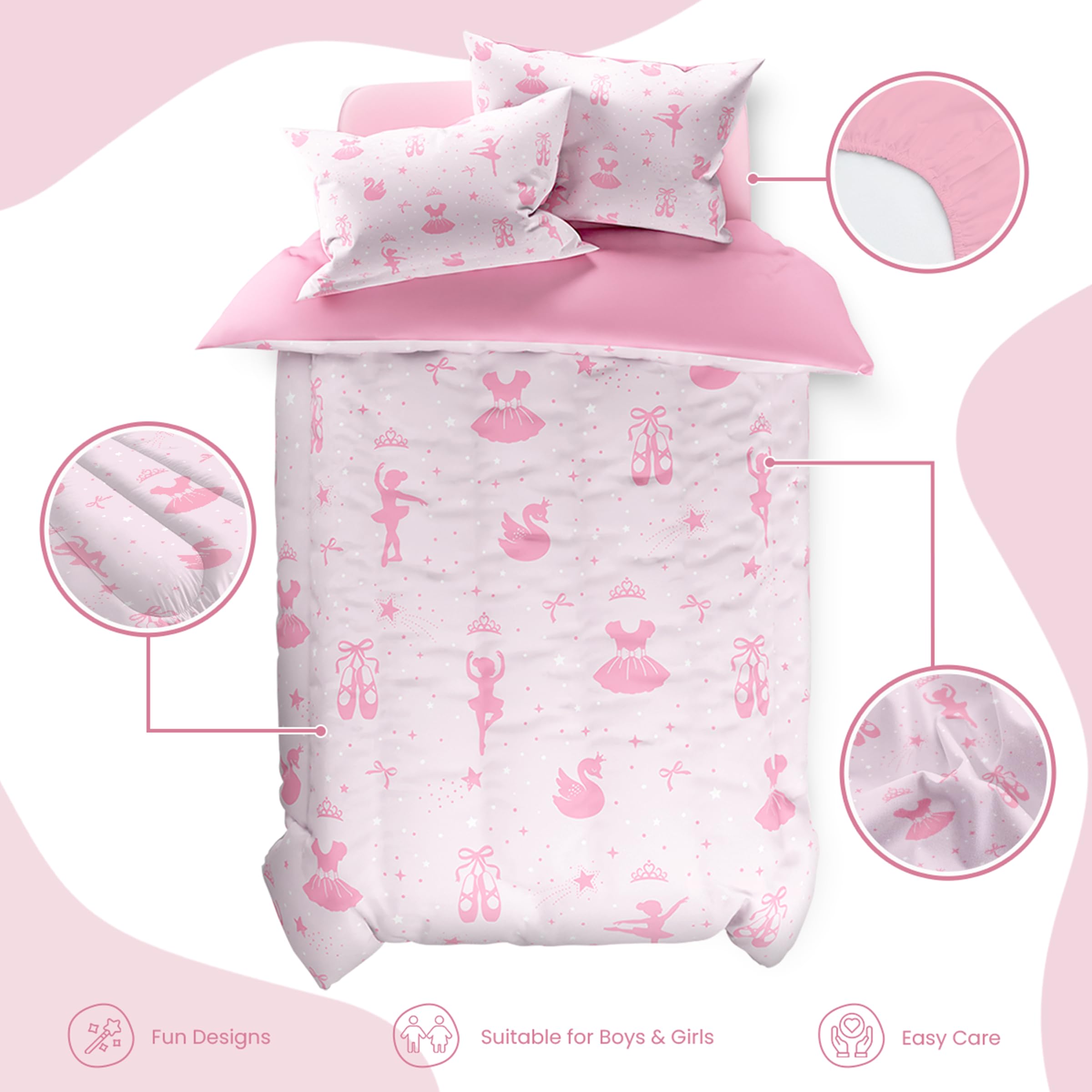 SANDJEST Ballerina Comforter Set Full Size 98x86in for Kids Girls, Microfiber 4 Pcs Bedding Set Includes 1 Comforter, 2 Pillowcases, 1 Fitted Sheet, Nursery Room Decor