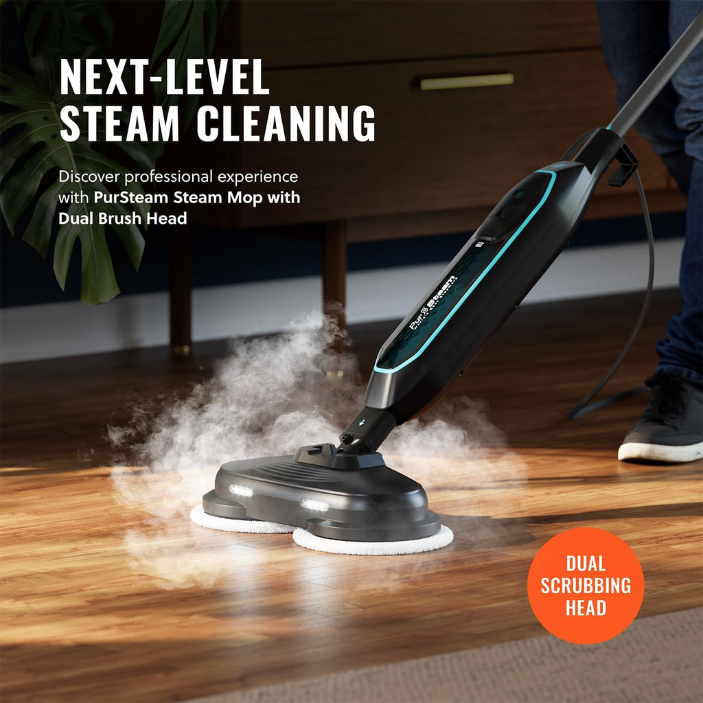 Pursteam | ScrubMaster Steam Mop - Dual Scrubbing Head, LED Lights & Adjustable Steam Control