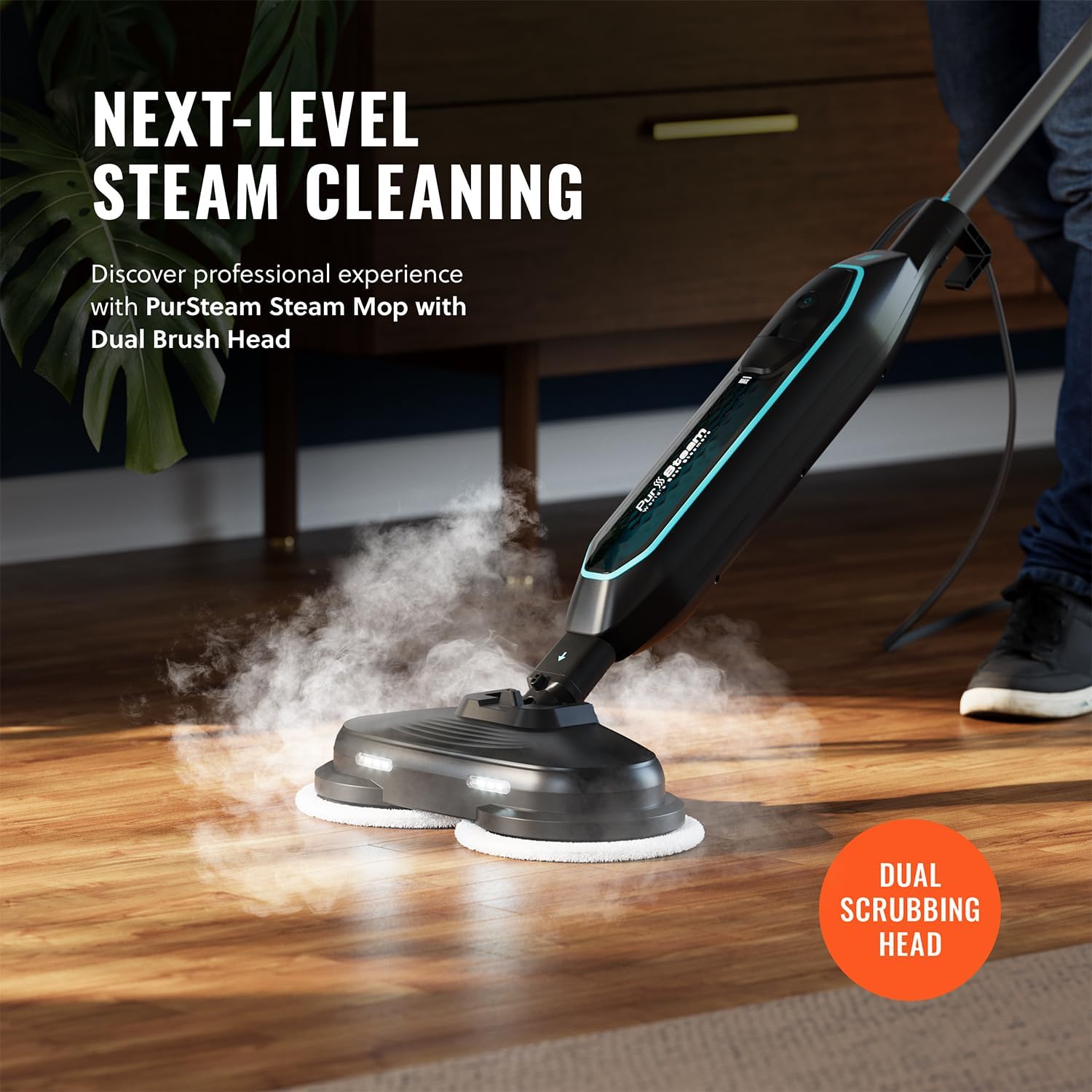 Pursteam | ScrubMaster Steam Mop - Dual Scrubbing Head, LED Lights & Adjustable Steam Control