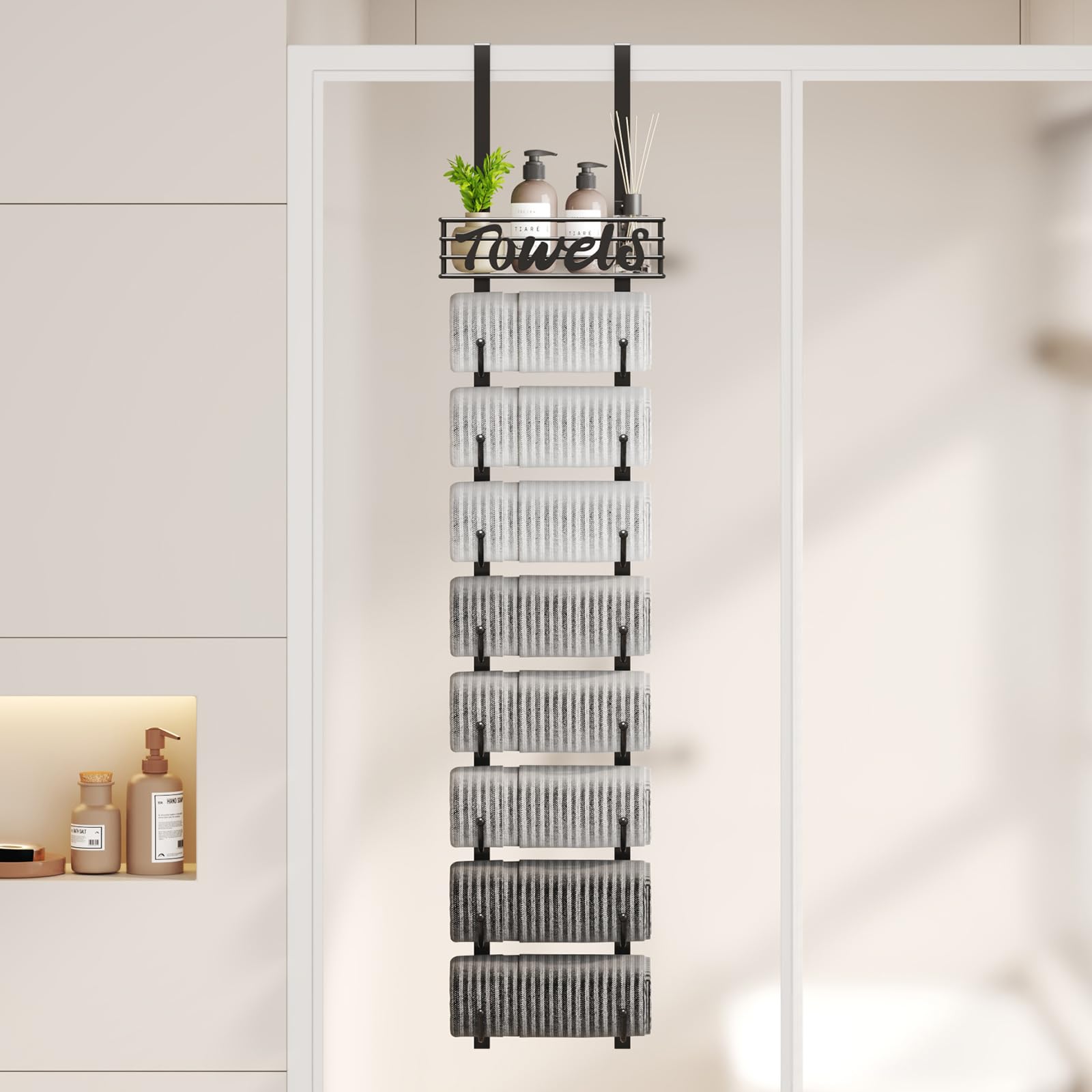 SWTYMIKI Hanging Towel Racks for Bathroom - 9 Tier Over The Door & Wall Mounted Bath Rolled Towel Storage Organizer Holder for Small Bathroom, RV, Camper, Black (Patented)