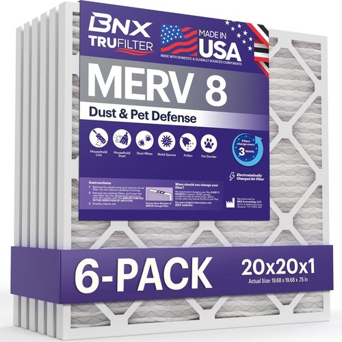 BNX TruFilter MERV 8 Air Filters | 20x20x1 Electrostatic Pleated (6-Pack) - Dust & Pet Defense, Made in USA
