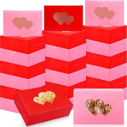 Tenceur 120 Pcs Valentine's Day Bakery Treat Boxes 9'' x 6'' x 3'' Large Cookie Boxes Bulk with Window Heart Shaped Gift Packaging Valentine Treat Containers for Pastry Cupcake Candy Dessert Party