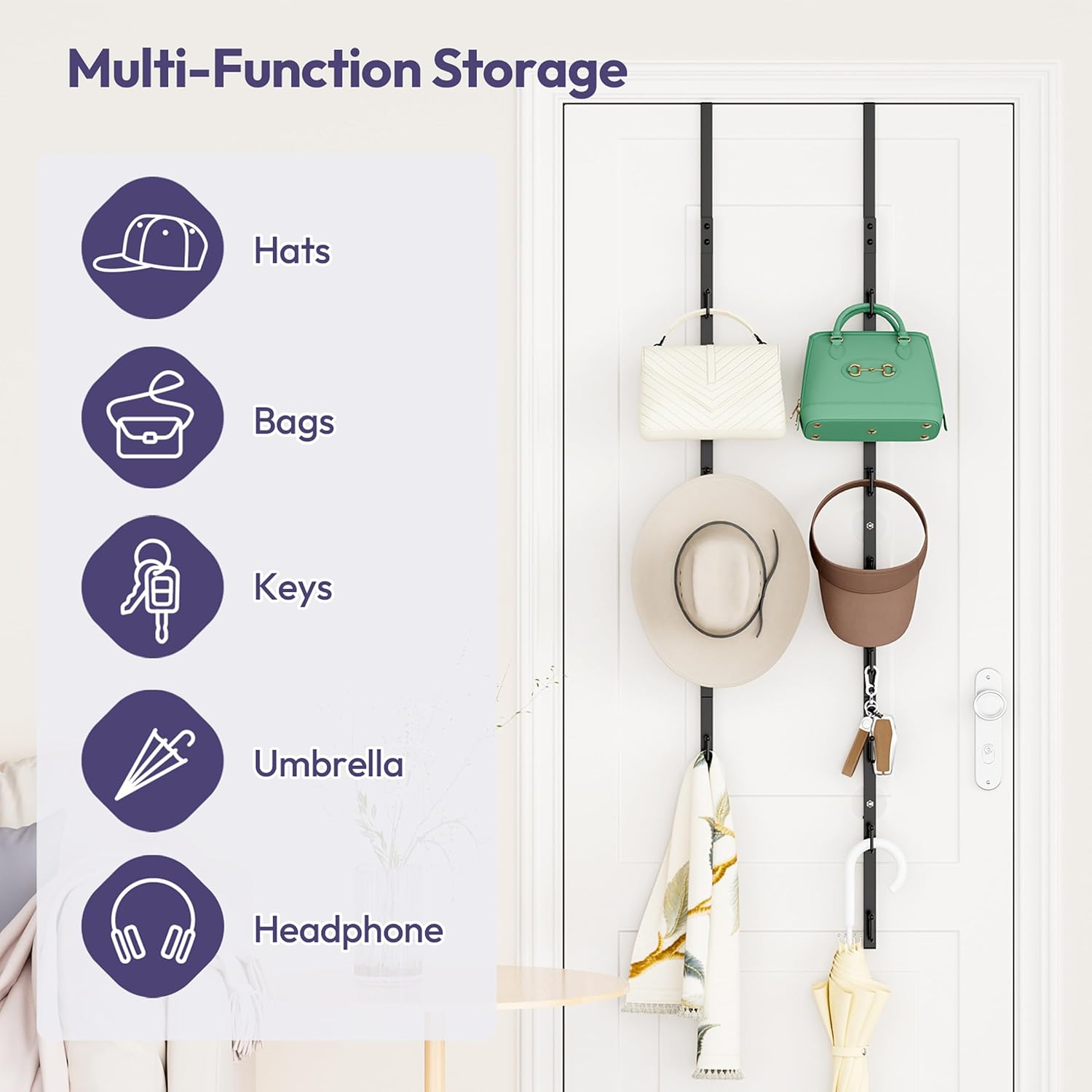 SWTYMIKI Over The Door Purse Organizer - 2-Pack Wall-Mounted Rack with 8 Hooks for 16 Bags | Black