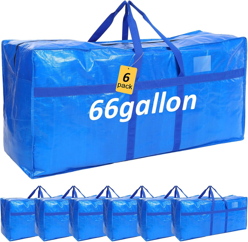 Skiennix 66 Gallon Extra Large Moving Bags - Heavy Duty Storage Tote with Strong Zipper Handle | Foldable Blue