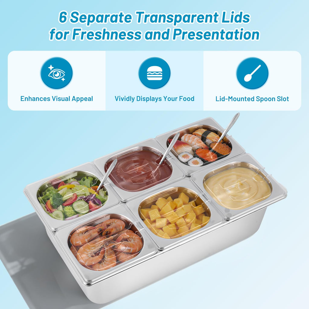 YMJOINMX Cold Ice Food Serving Display tray 6 Pan ×2QT with Ice Packs Clear Lids for Salad Pizza Sauce Cooled Condiment Container Buffet Server Cooler for Party Home