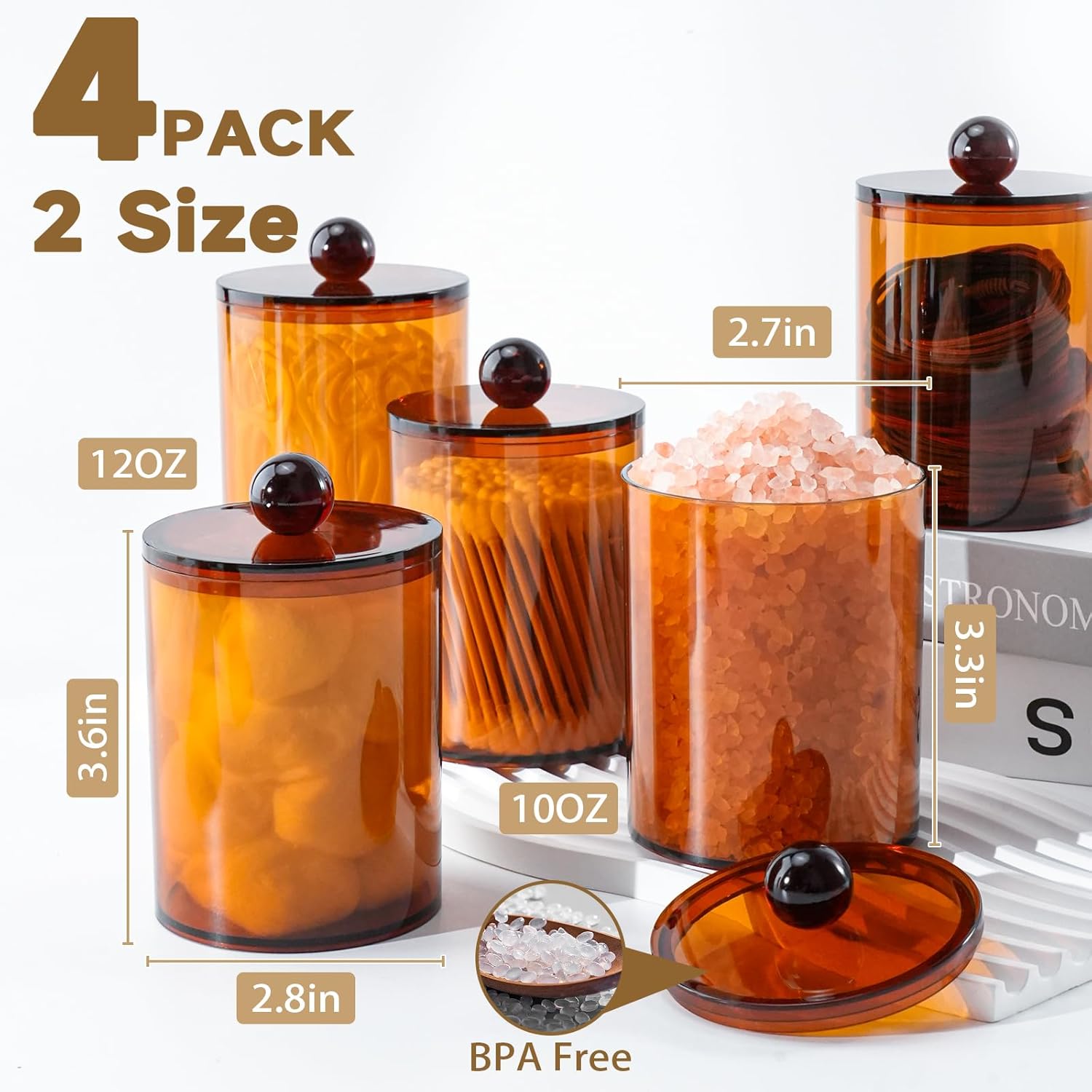 XIPENGKEJI Qtip Holder Set - 4 Pack Apothecary Jars with Lids for Bathroom Organization | 10oz-12oz Brown Canisters