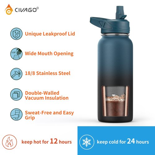 CIVAGO 24 oz Insulated Water Bottle With Straw, Stainless Steel Sports Water Flask Cup with 3 Lids (Straw, Spout and Handle Lid), Double Walled Travel Thermal Canteen Mug, Black