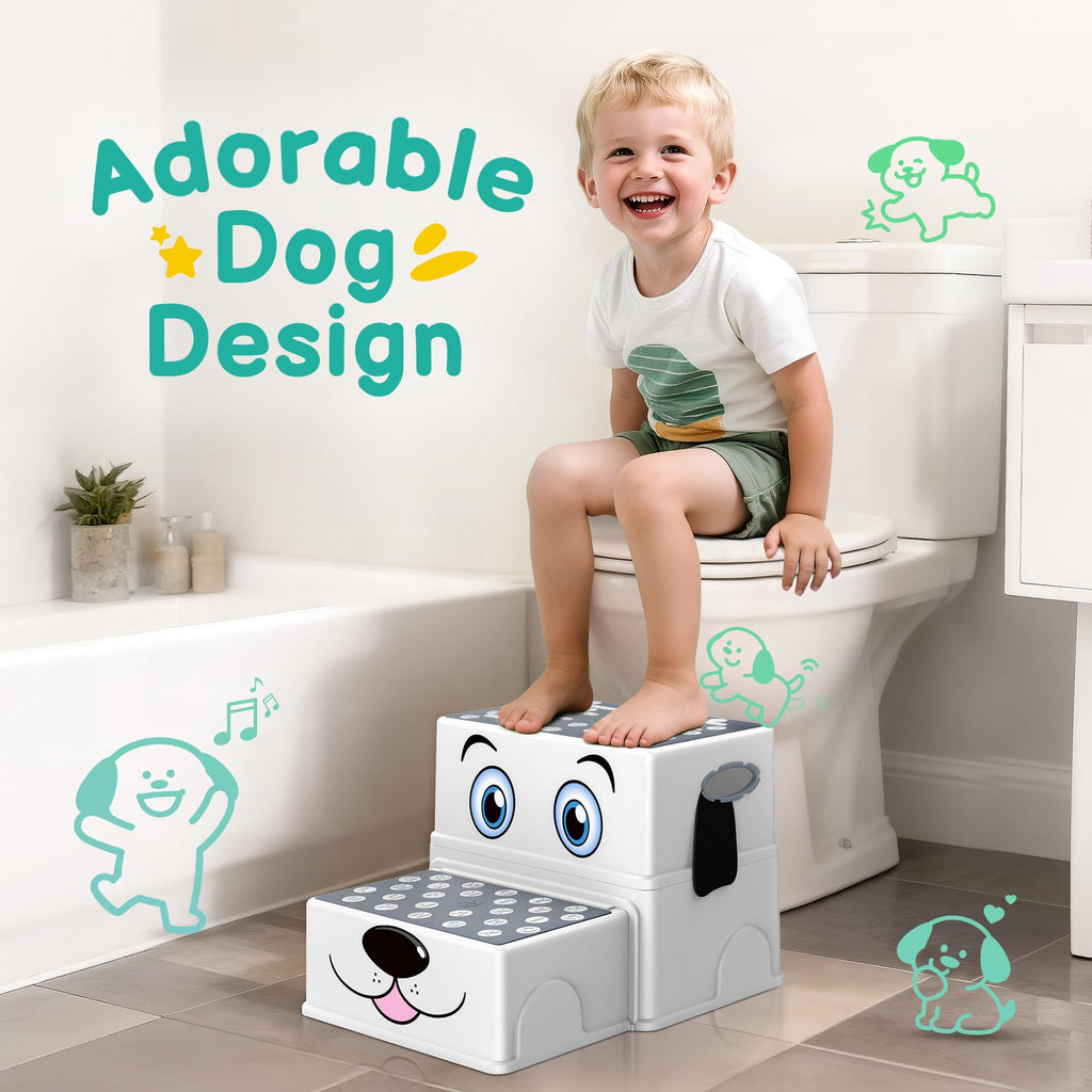 Vorykido Toddler Step Stool for Bathroom Sink, Cartoon Dog 2 Step Stool for Kids, Anti-Slip Kids Stool for Toilet Potty Training & Kitchen, Cute Dog Design Stepping Stool, 2 Pack, Grey