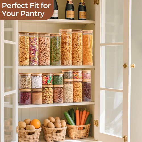ComSaf Glass Pasta Storage Container Set - 2 Qt Tall Airtight Jars with Wood Lids for Kitchen Pantry