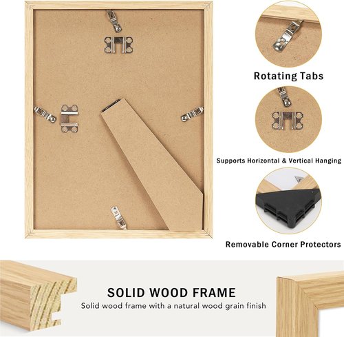 JCJMY 8x10 Picture Frame Set of 3 - Solid Wood Design with Shatter-Resistant Plexiglass | Natural Finish
