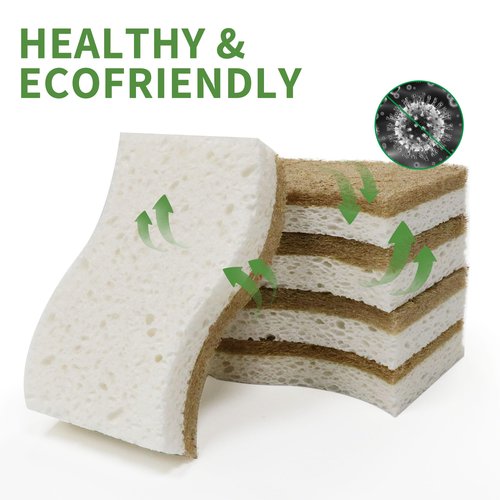 KICKLEEN 9 Pack Biodegradable Natural Kitchen Sponge - Compostable Cellulose and Coconut Walnut Scrubber Sponge - Eco Friendly Sustainable Sponges for Dishes