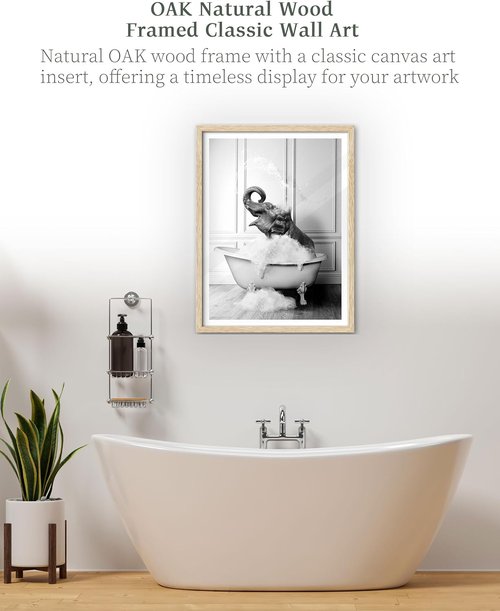 iHery Natural Oak Wood Framed Wall Art - Funny Elephant Bathing Canvas Print | 12x16 Inch Black & White Decor