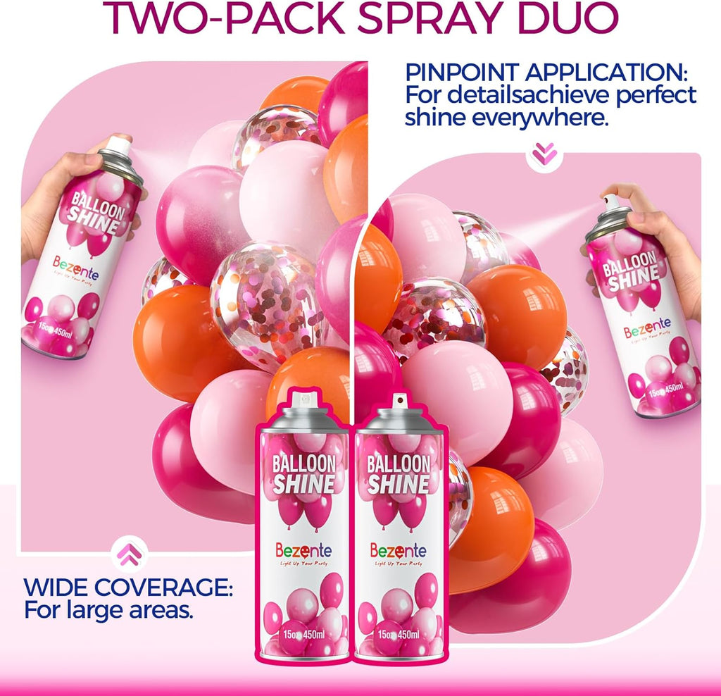 Bezente Balloon Shine Spray - High Shine Waterproof Spray with Dual Nozzles | 2 x 15oz for Events & Parties