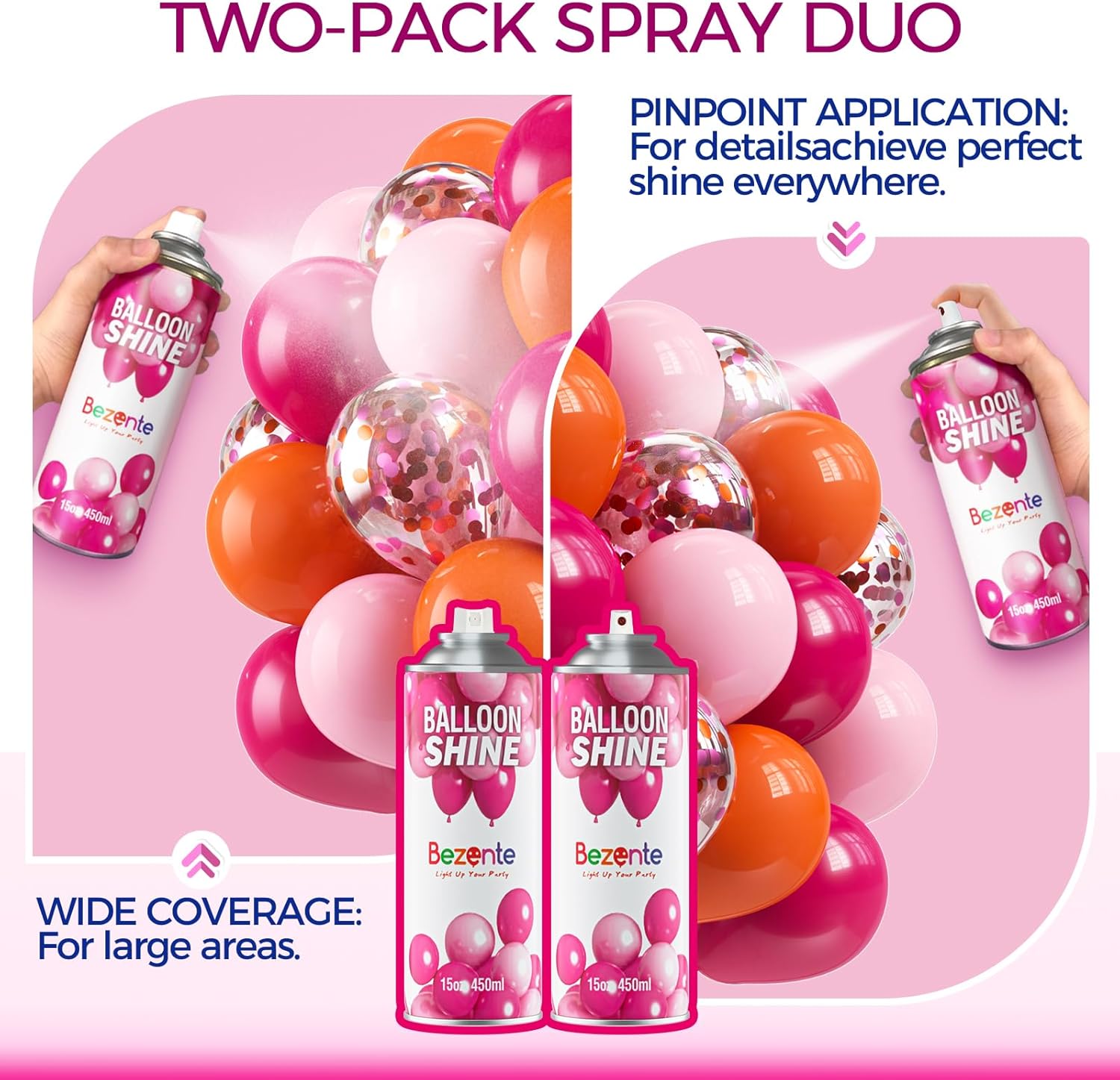 Bezente Balloon Shine Spray - High Shine Waterproof Spray with Dual Nozzles | 2 x 15oz for Events & Parties