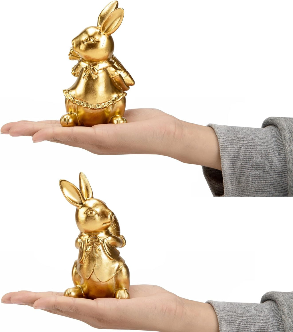 Steviieden Bunny Decor Set of 2 - Cute Gold Rabbit Figurines for Spring Easter Home Decorations