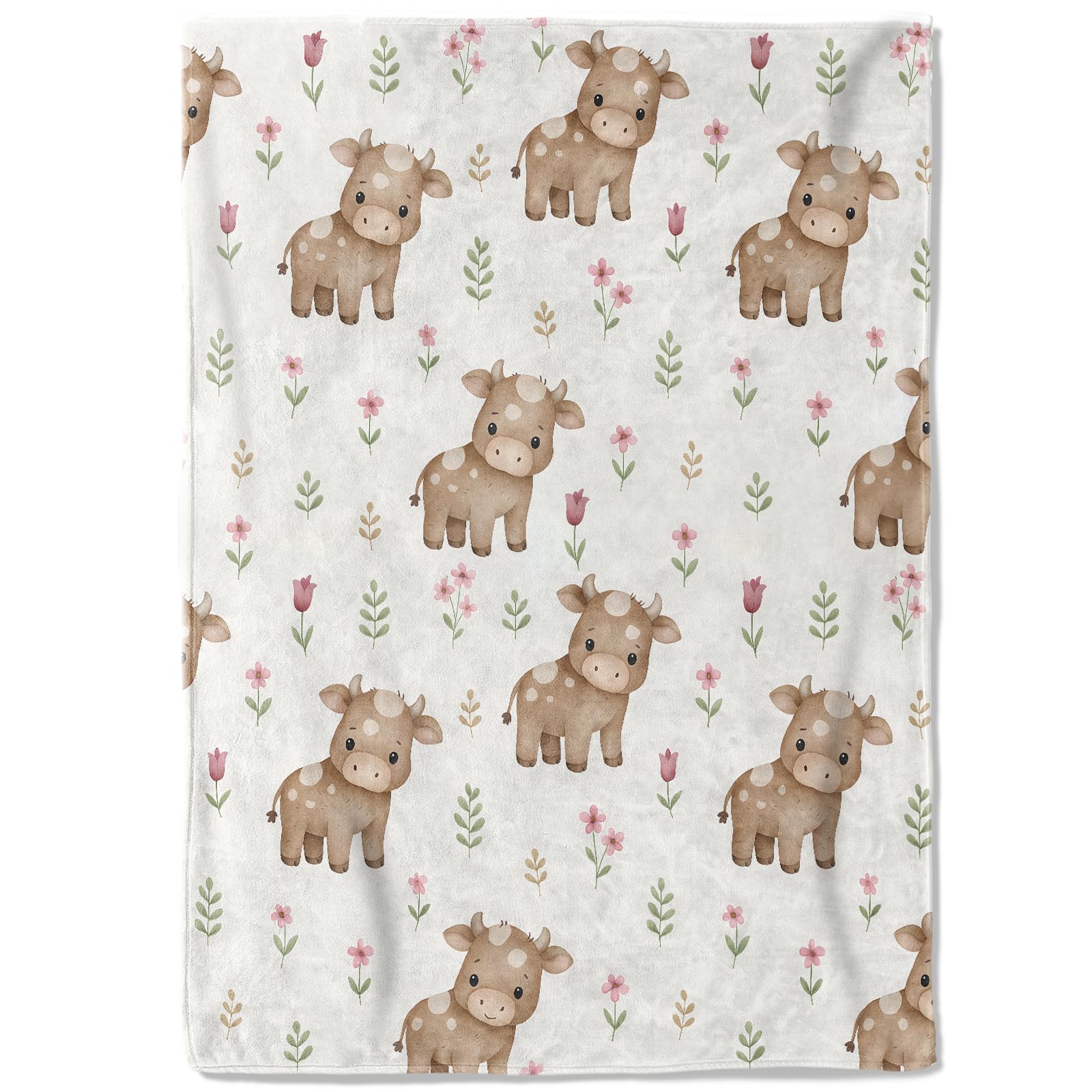 coedoaes Cute Cow Fleece Blanket,50x60in,Beige Calf Pink Flower Leaves Throw Blankets,Soft Cozy Lightweight, Ideal for Bed Living Room Home Farm Decor,Kids Gifts
