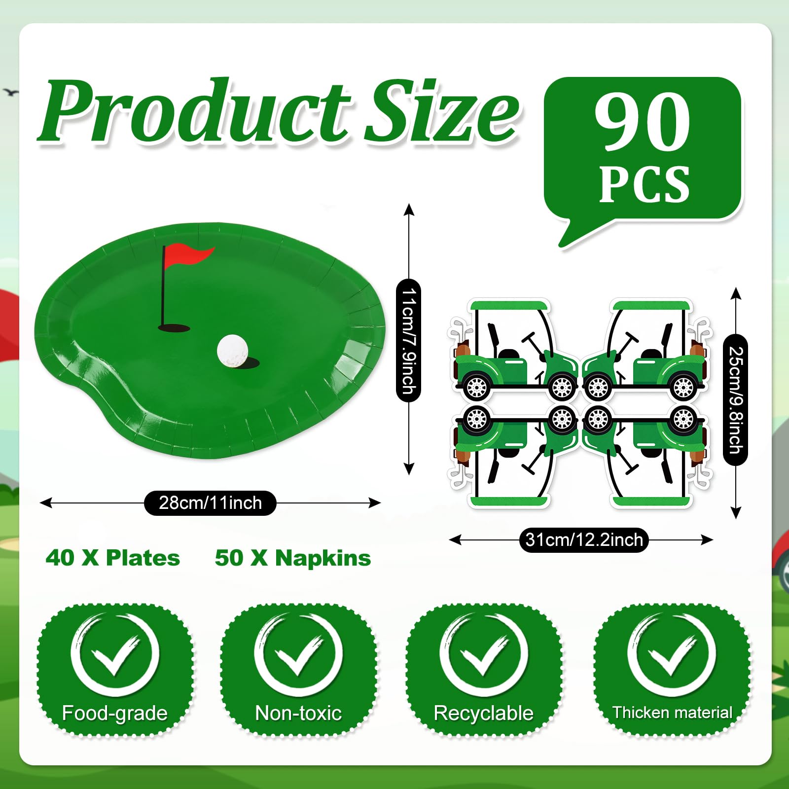 Whaline 90Pcs Golf Party Plates Napkin Set Green Sport Ball Paper Plates Golf Cart Disposable Napkins for Hole in One Birthday Tableware Supplies, Serves 40