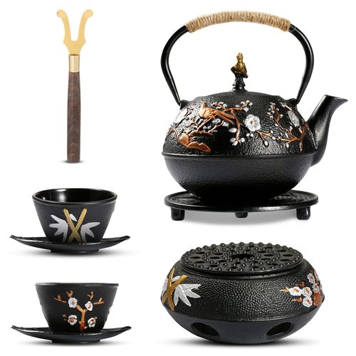 Dyna-Living Cast Iron Teapot with Warmer Japanese Tea Kettle 720ml/24.5oz Japanese Cast Iron Teapot Set with 2 Tea Cups Tea Pot with Infuser Tea Kettle for Wood Stove or Stovetop