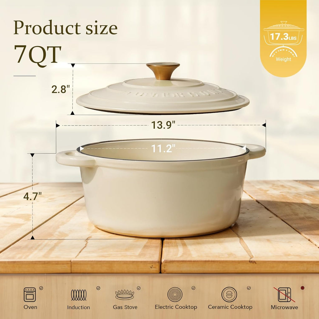 Overmont Enameled Cast Iron Dutch Oven - 7QT Heavy-Duty Pot with Lid & Potholders | Cream White for Braising & Baking