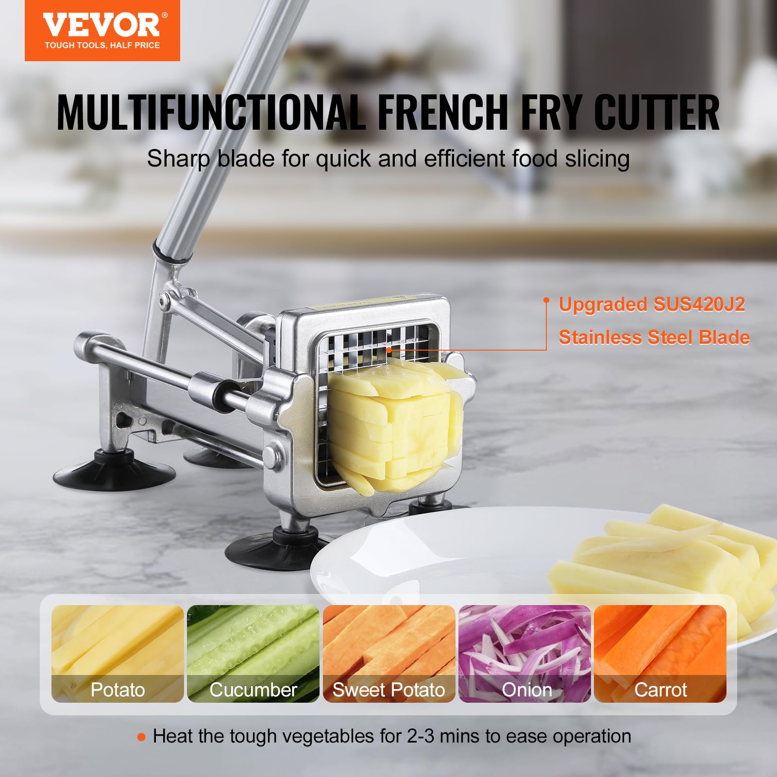 VEVOR French Fry Cutter, Potato Slicer with 1/2", "3/8", "1/4 Stainless Steel Blades, Manual Potato Cutter Chopper with Suction Cups, Great for Potato, French Fries, Cucumber, Vegetables, Carrot
