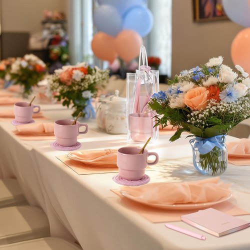 Yiyiring 43 Pcs Baby Shower Game Prizes for Game Winners Baby Shower Gifts Including Ceramic Mugs with Spoons Woven Coasters and Notebook Pen Gift Bags Thank You Card for Wedding Bridal Favors (Pink)