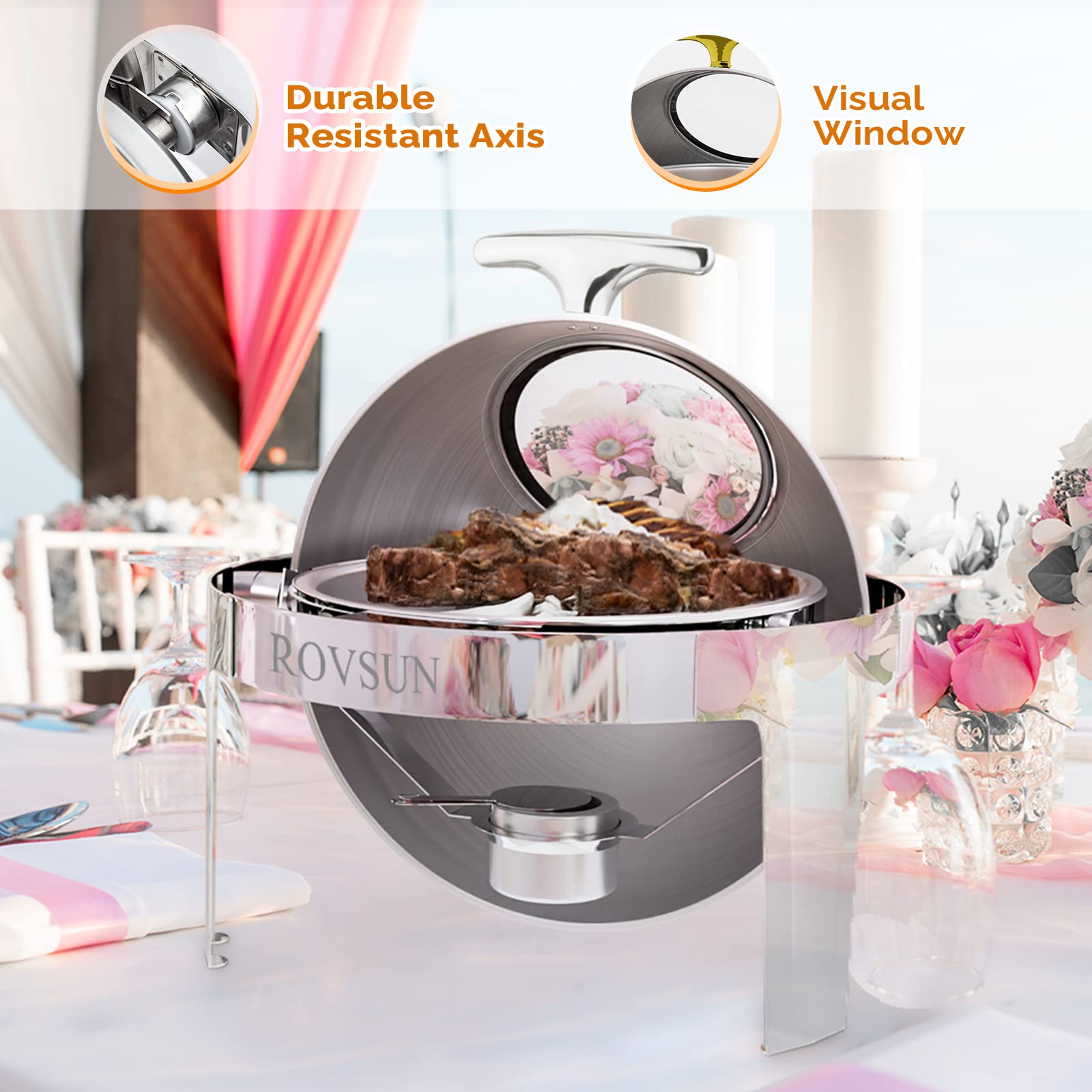 ROVSUN Roll Top Chafing Dish Buffet Set,6 QT Round Stainless Steel Chafer for Catering,Buffet Servers and Warmers Set with Glass Window for Weddings Party