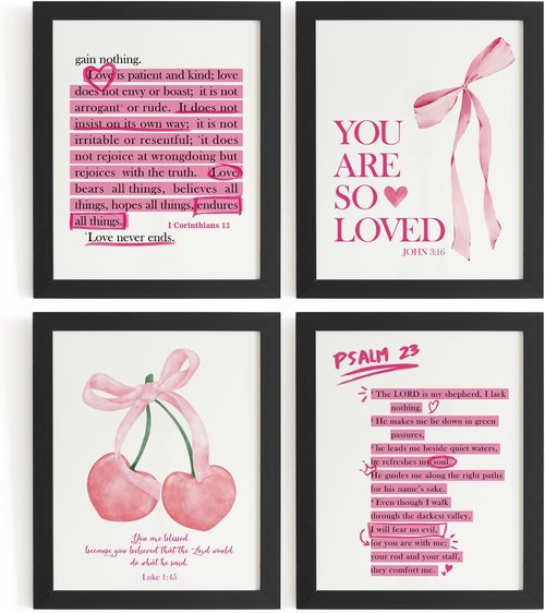 **DSHFG Cute Preppy Pink Bow Bible Verses Wall Decor - Set of 4 Christian Prints for Teen Girls' Bedroom | 8x10 Unframed**