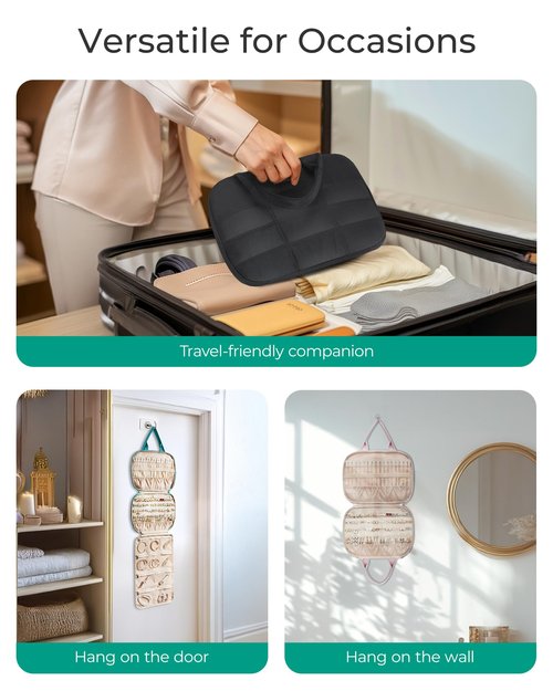 BAGSMART Travel Jewelry Case, Hanging Jewelry Organizer with Zipper Pockets, Large Capacity Puffy Jewelry Roll for Earrings, Necklaces, Rings on Closet, Wall, Door, Portable Travel Essentials, Pink