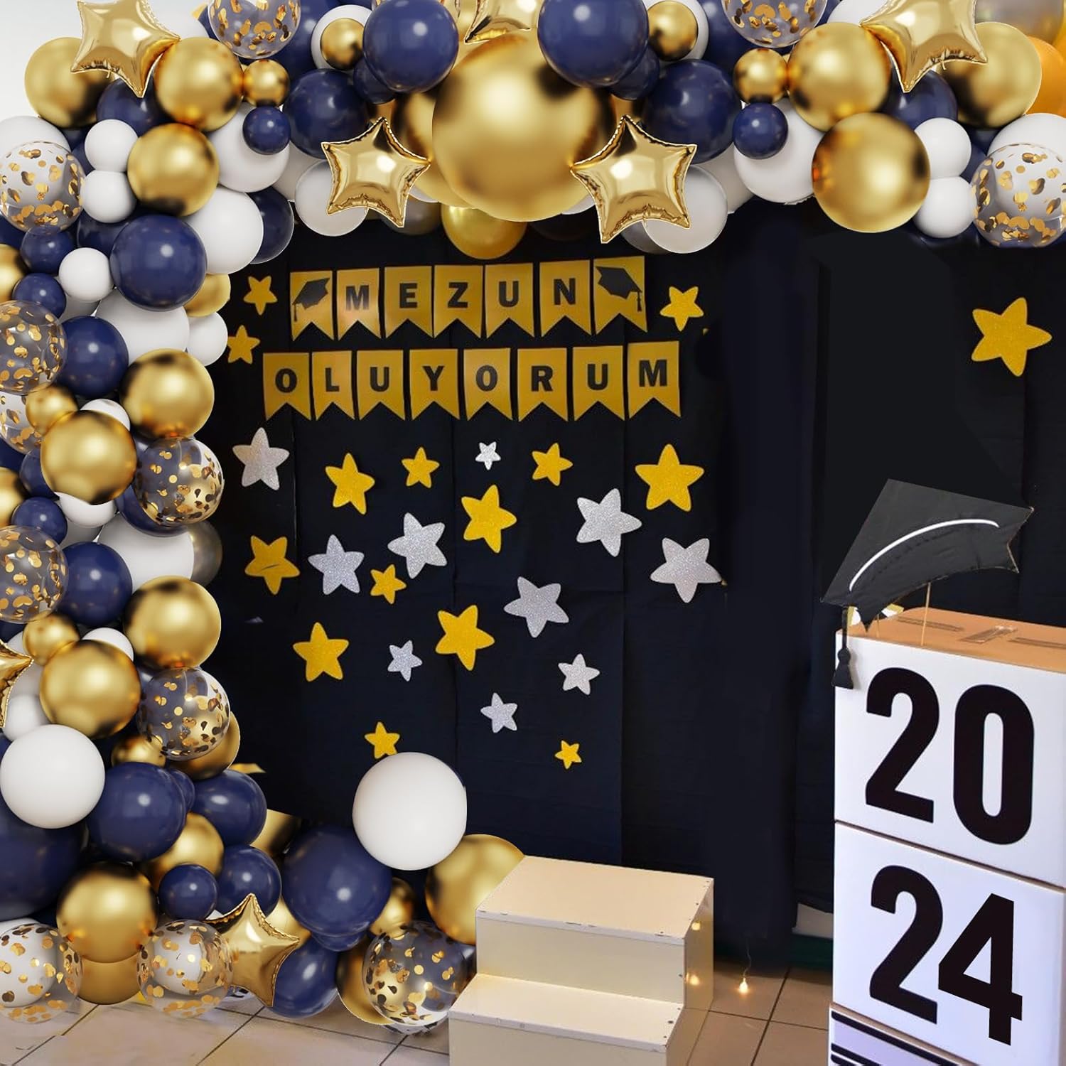 RUBFAC Balloon Garland Arch Kit - 167pcs Navy Blue, Gold & White Balloons with Confetti & Star Foil | Perfect for Graduation, Birthday & Baby Shower Decorations