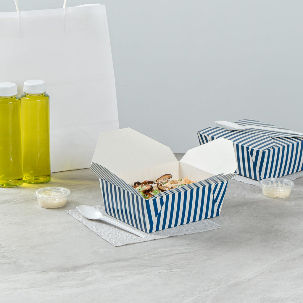 Restaurantware-Bio Tek 6.7 x 5.5 x 2.6 Inch Food Containers, 200 Durable Takeaway Boxes - Disposable, Striped, Blue And White Paper 45 Ounce Takeout Boxes, Rectangle, For Takeouts And Delivery