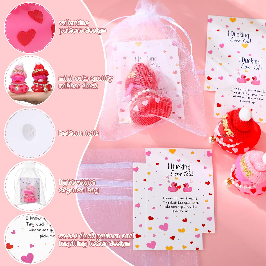 Lunmon 50 Pcs Valentine's Day Rubber Duck for Exchanging Gifts 50 Cards 50 Organza Bags 50 Hats 2 Inch Pink Red Heart Love Valentines Duck with Fake Pearl Necklace for Party Favors